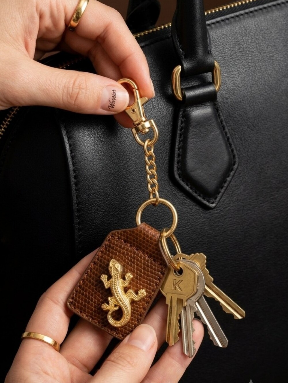 Gold lizard charm brown textured leather keychain bag accessory